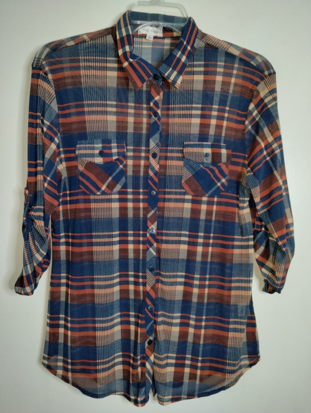 Bailey & Chloe (Sz L) Blue & Brown Plaid Semi-sheer Button Roll Tab Sleev3 Shirt - Picture 10 of 13